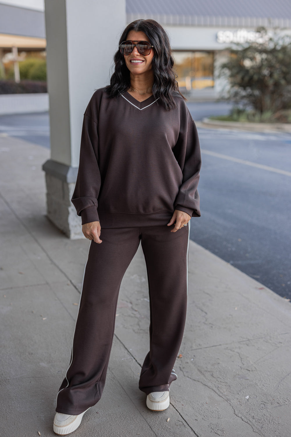 Women's chocolate brown scuba knit top by Rae Mode shown with matching pants