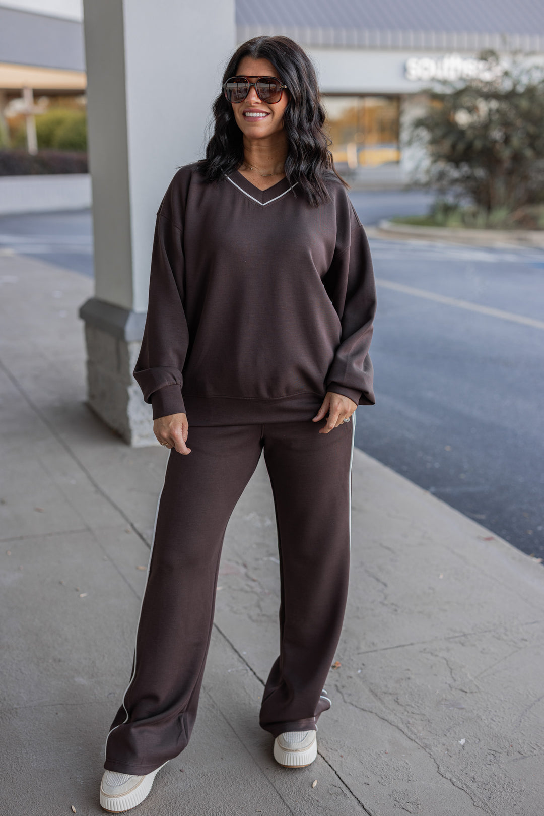 Women's chocolate brown scuba knit top by Rae Mode shown with matching pants