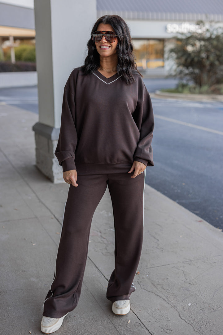 Women's chocolate brown scuba knit top by Rae Mode shown with matching pants