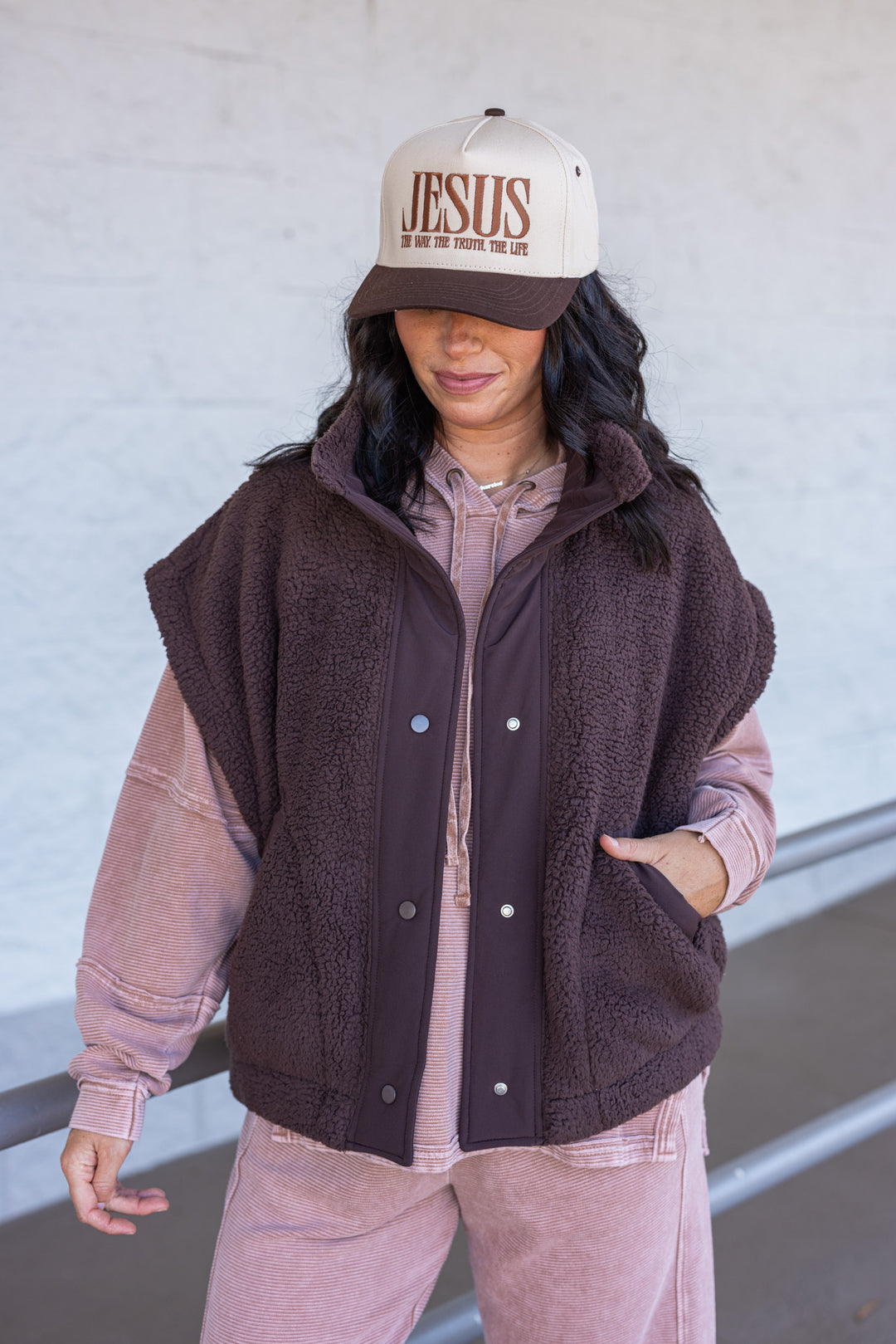 Women's espresso brown sherpa vest by Rae Mode