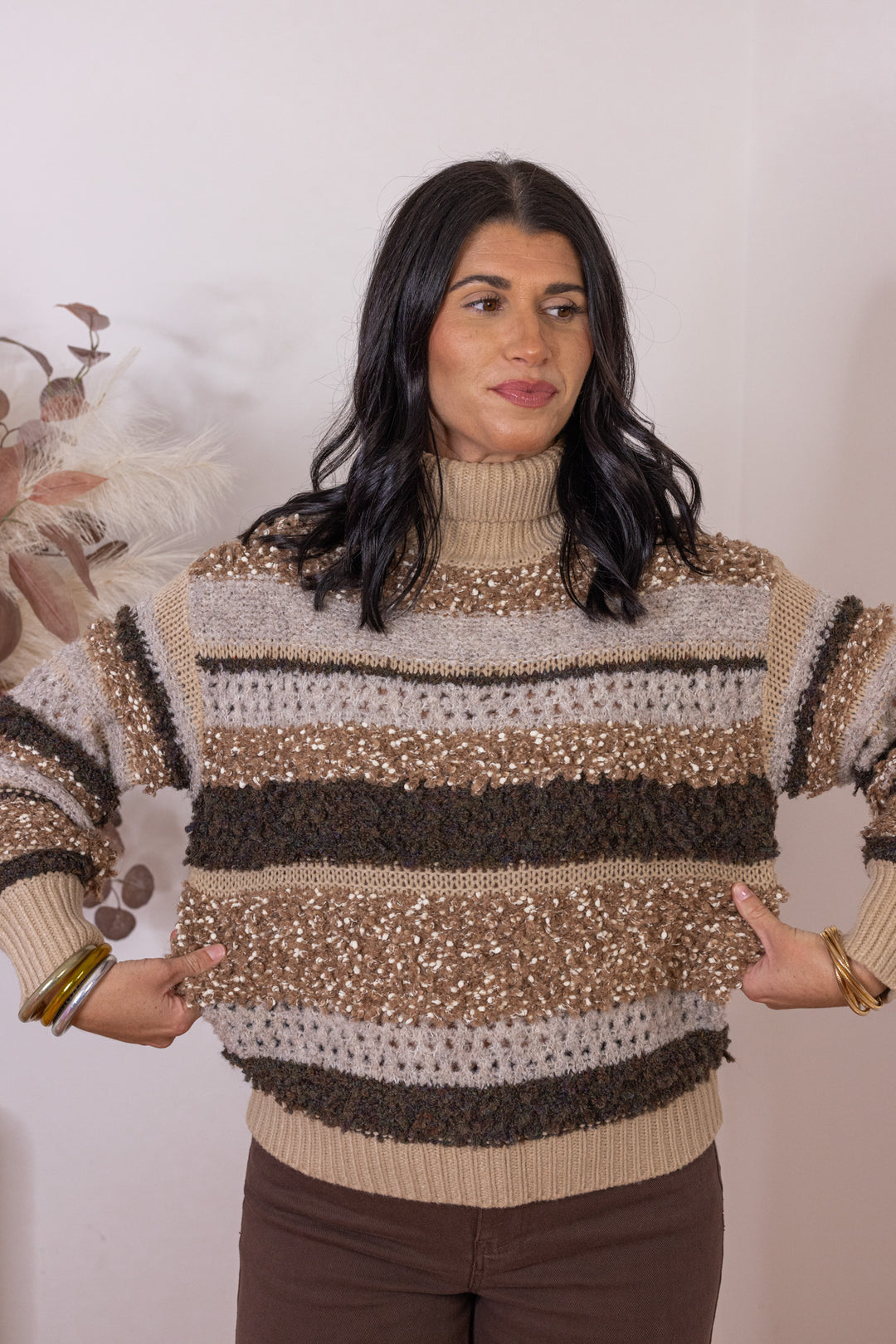 Women's textured taupe, brown and mocha striped sweater in knotted knit by Mustard Seed showing true to size fit