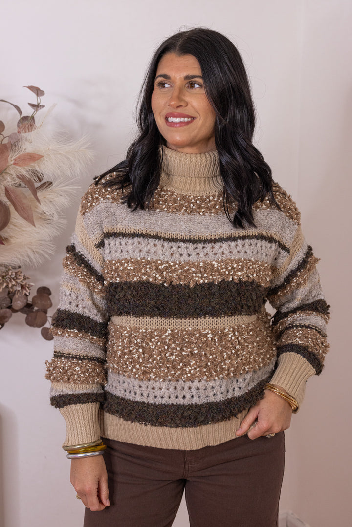 Women's textured taupe, brown and mocha striped sweater in knotted knit by Mustard Seed