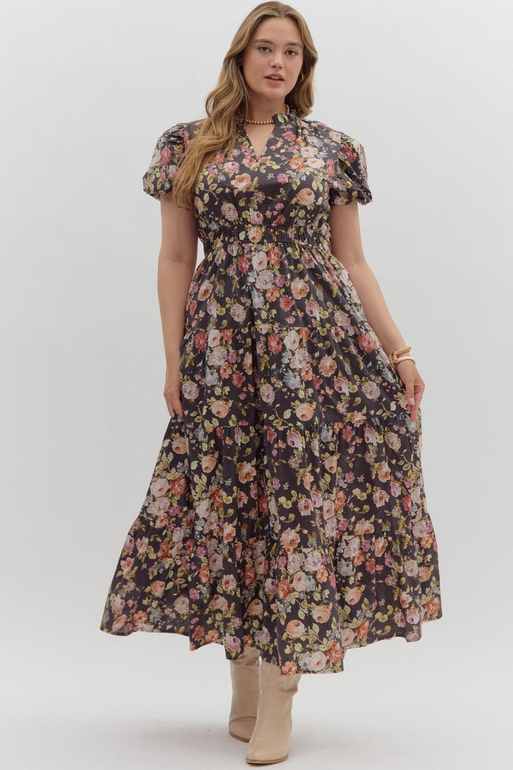 Women's plus size chocolate brown midi dress with empire waist and multicolor floral print by Entro