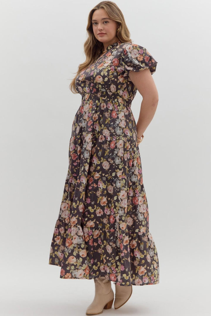 Women's chocolate brown midi dress with multicolor floral print by Entro in plus showing slight view