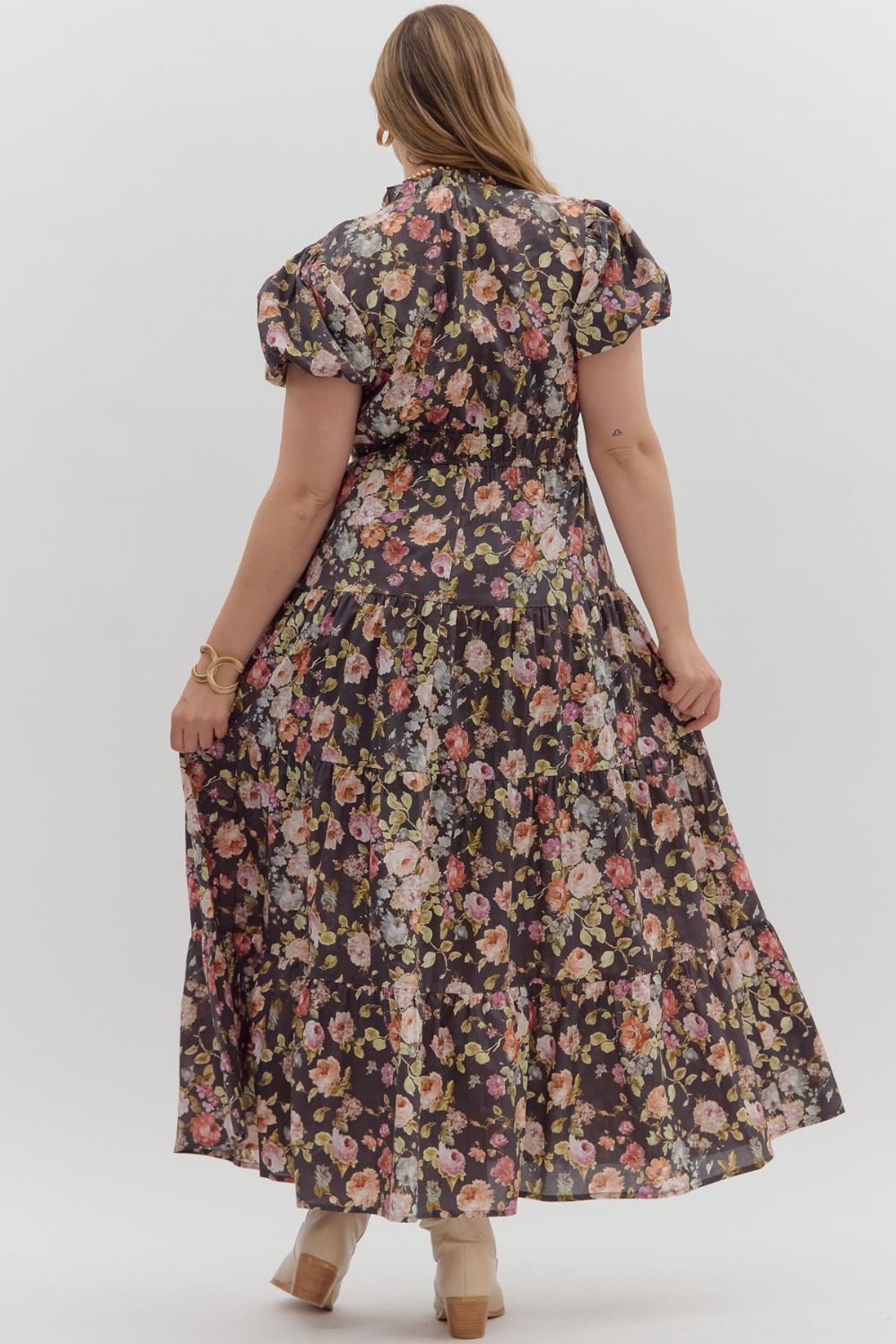 Women's chocolate brown midi dress with multicolor floral print by Entro in plus showing back view