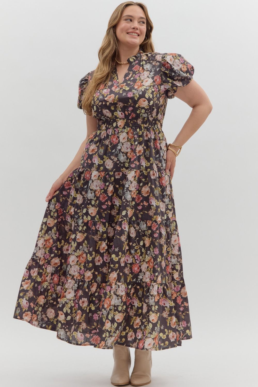 Women's chocolate brown midi dress with multicolor floral print by Entro in plus showing full front view