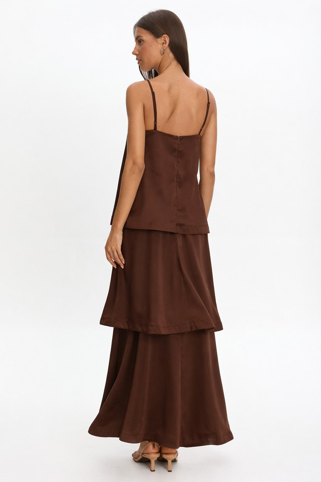 Chocolate brown satin layered maxi dress with adjustable spaghetti straps