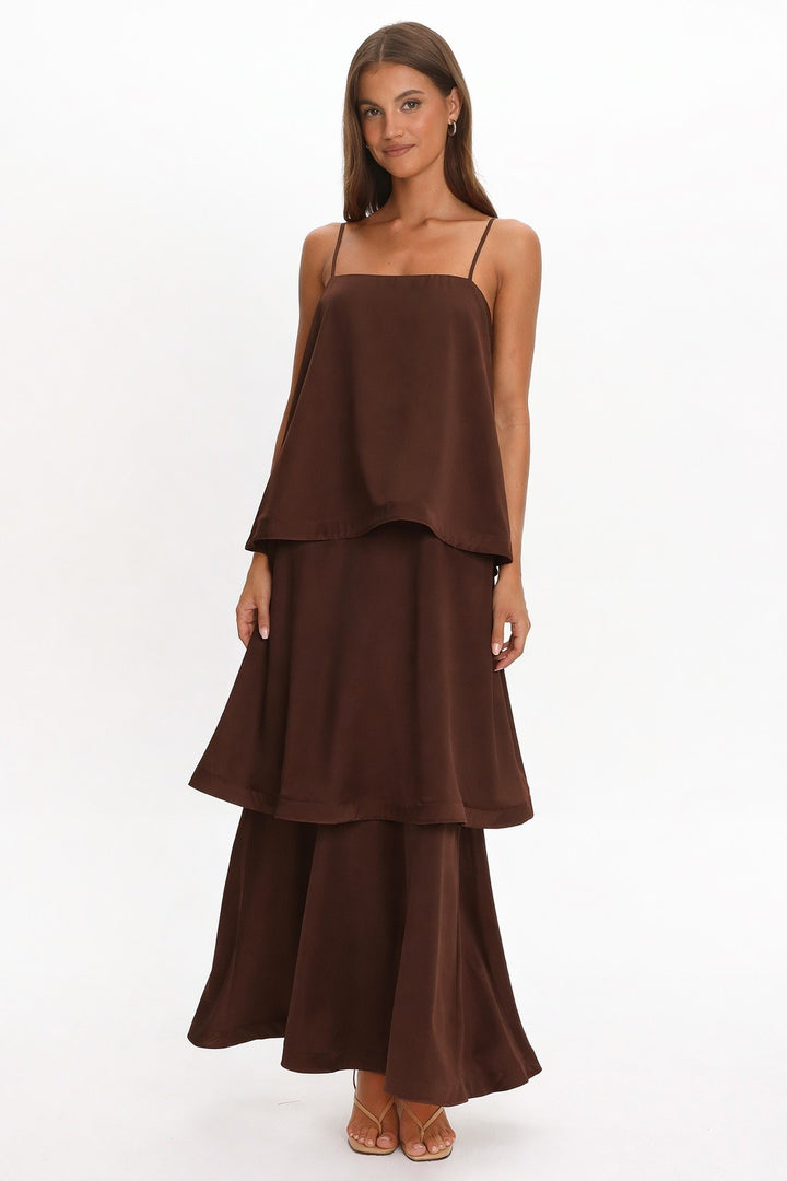 Chocolate brown satin layered maxi dress