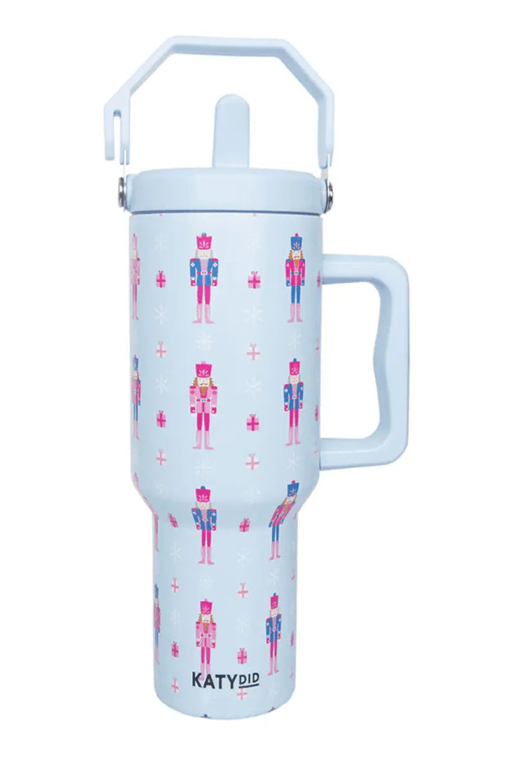 Christmas blue nutcracker printed travel tumbler front