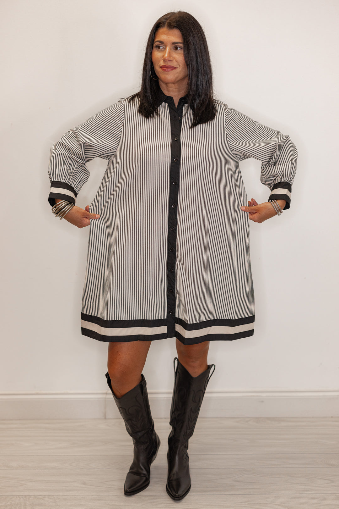 Women's striped white and black button up dress 