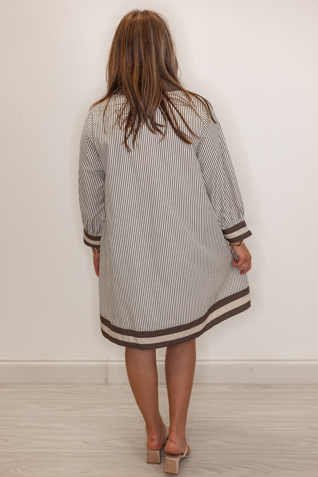 Women's striped ivory and mocha dress without belt