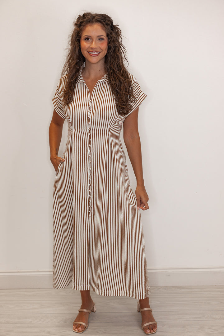 Women's ivory and brown striped midi dress with side pockets