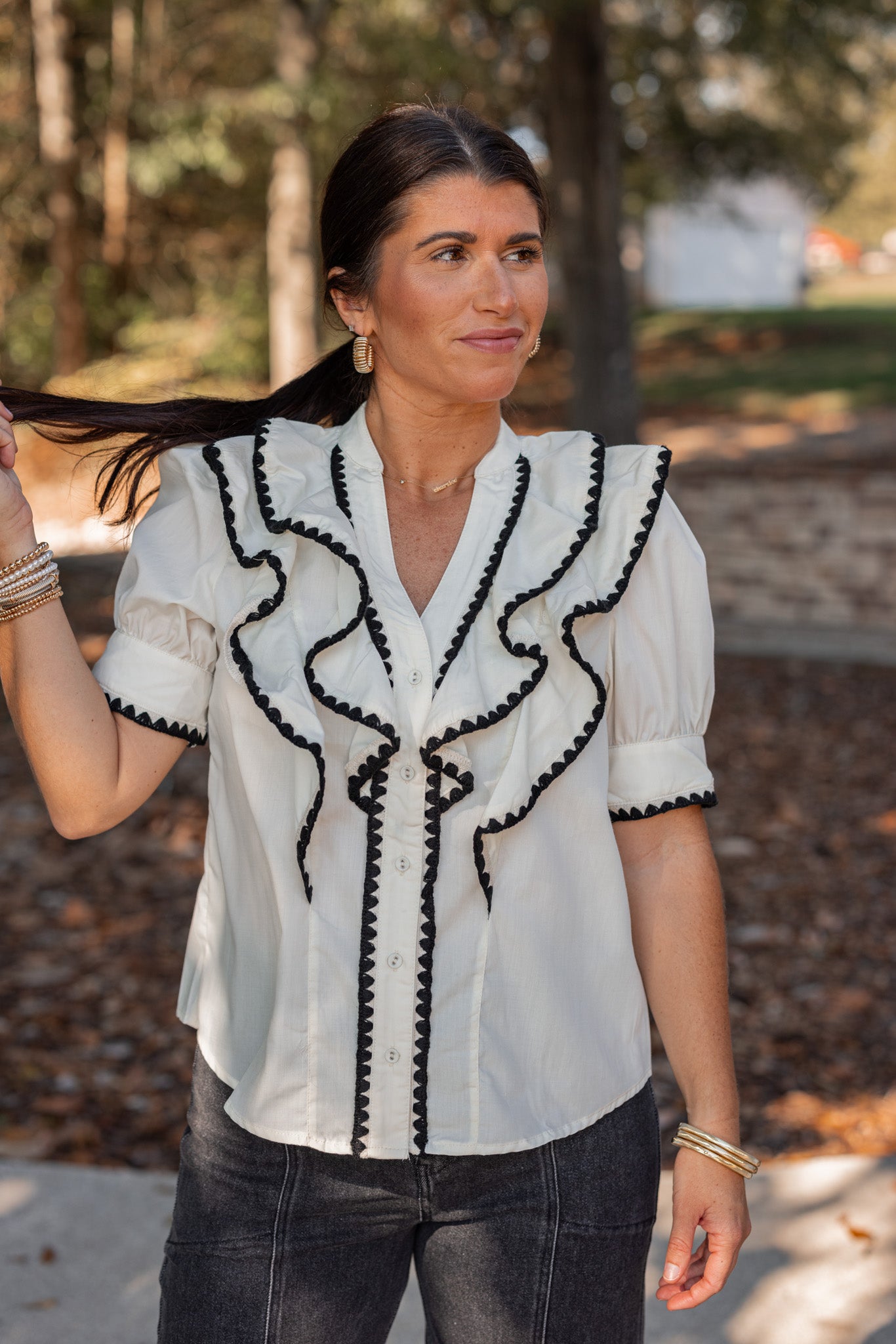 Cream And Black Embroidered Ruffled Top | Purple Door | Commerce
