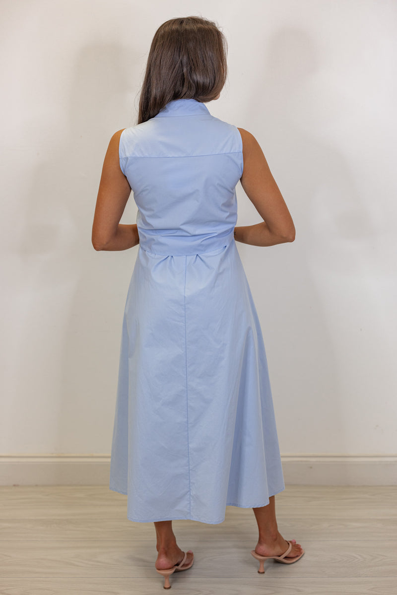 blue wrap tie waist midi dress