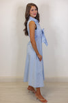 blue wrap tie waist midi dress