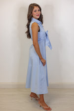 blue wrap tie waist midi dress