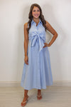 blue wrap tie waist midi dress