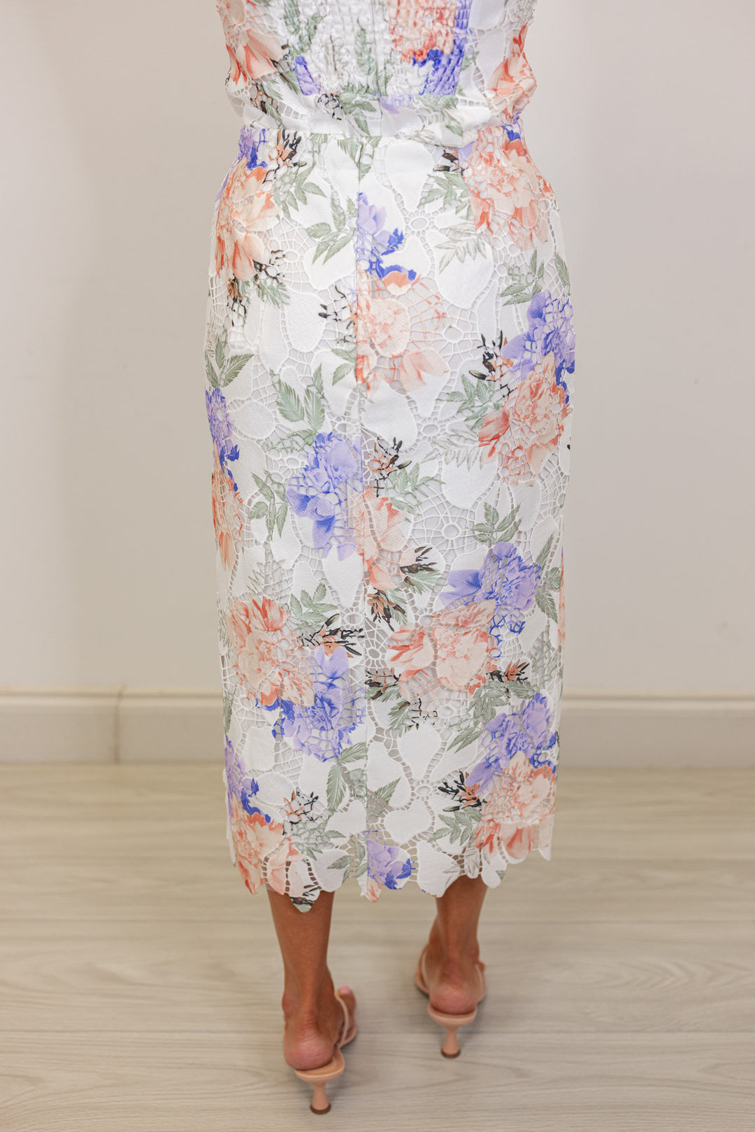 white eyelet embroidered floral midi skirt