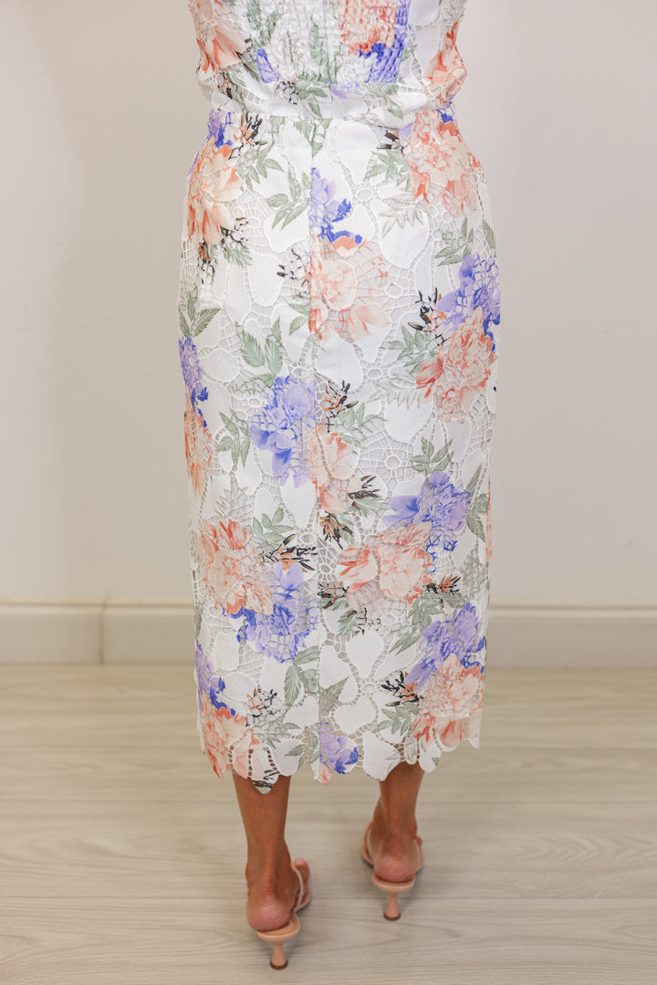 white eyelet embroidered floral midi skirt