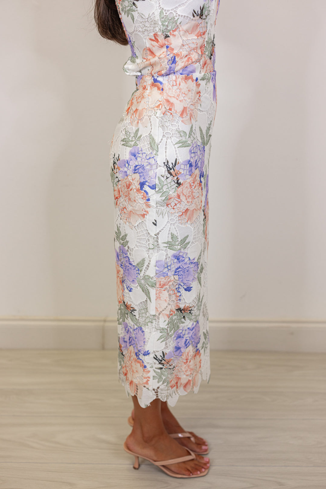 white eyelet embroidered floral midi skirt