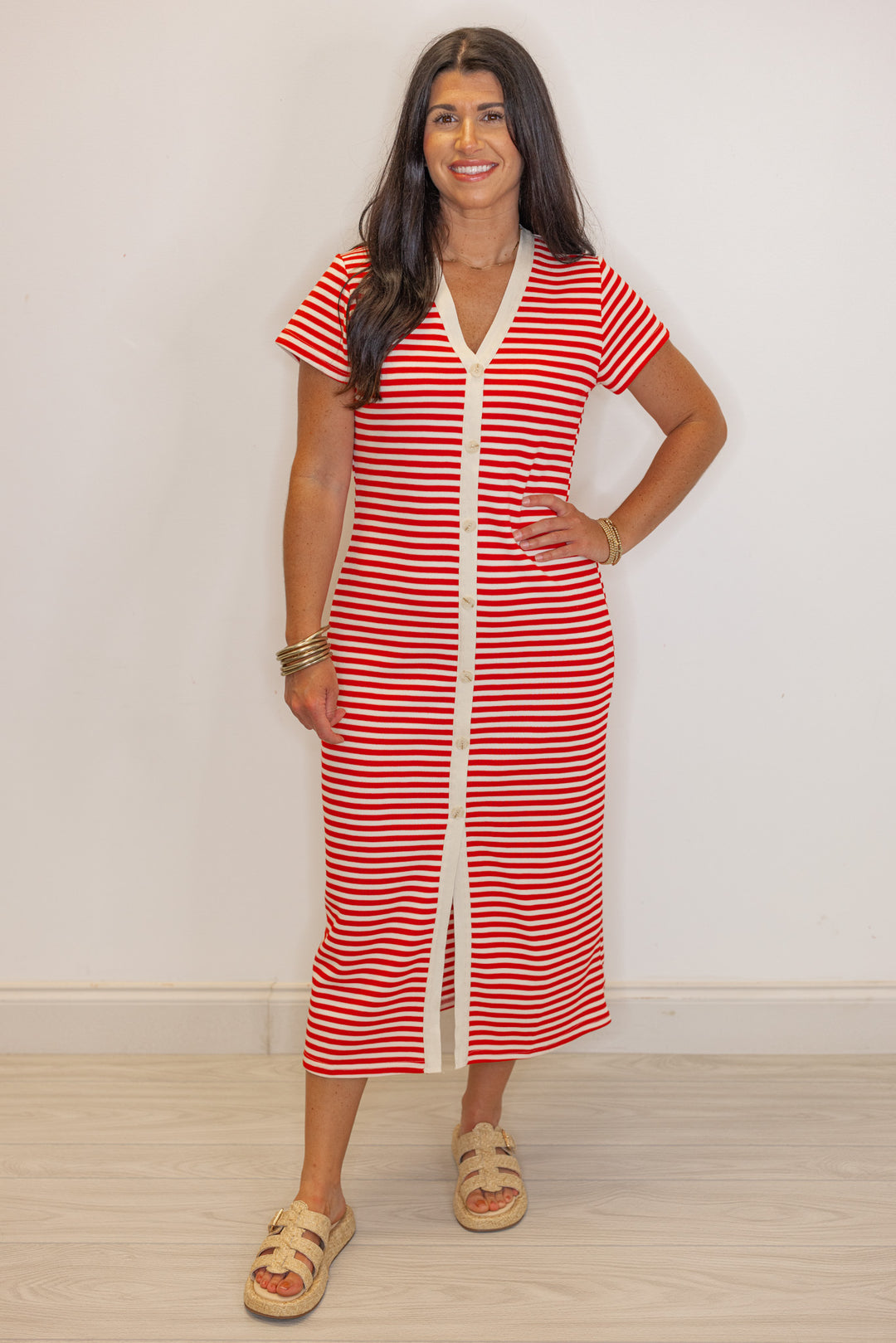 Red Stripe Button Front Midi Dress | Purple Door | Commerce GA Purple Door Boutique Red Stripe Button Front Midi Dress | Purple Door | Commerce GA Purple Door Boutique