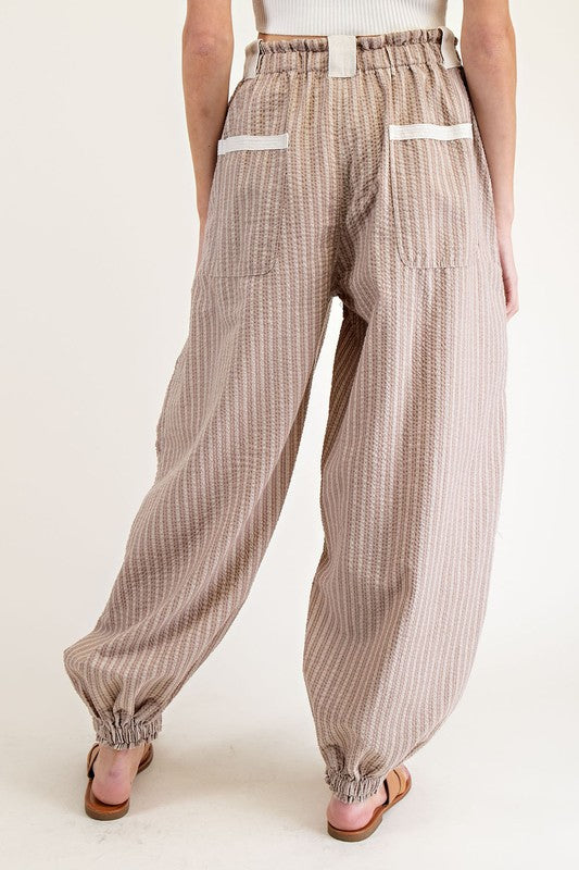 ee:some Coco striped barrel leg drawstring cargo jogger pants with cream trim