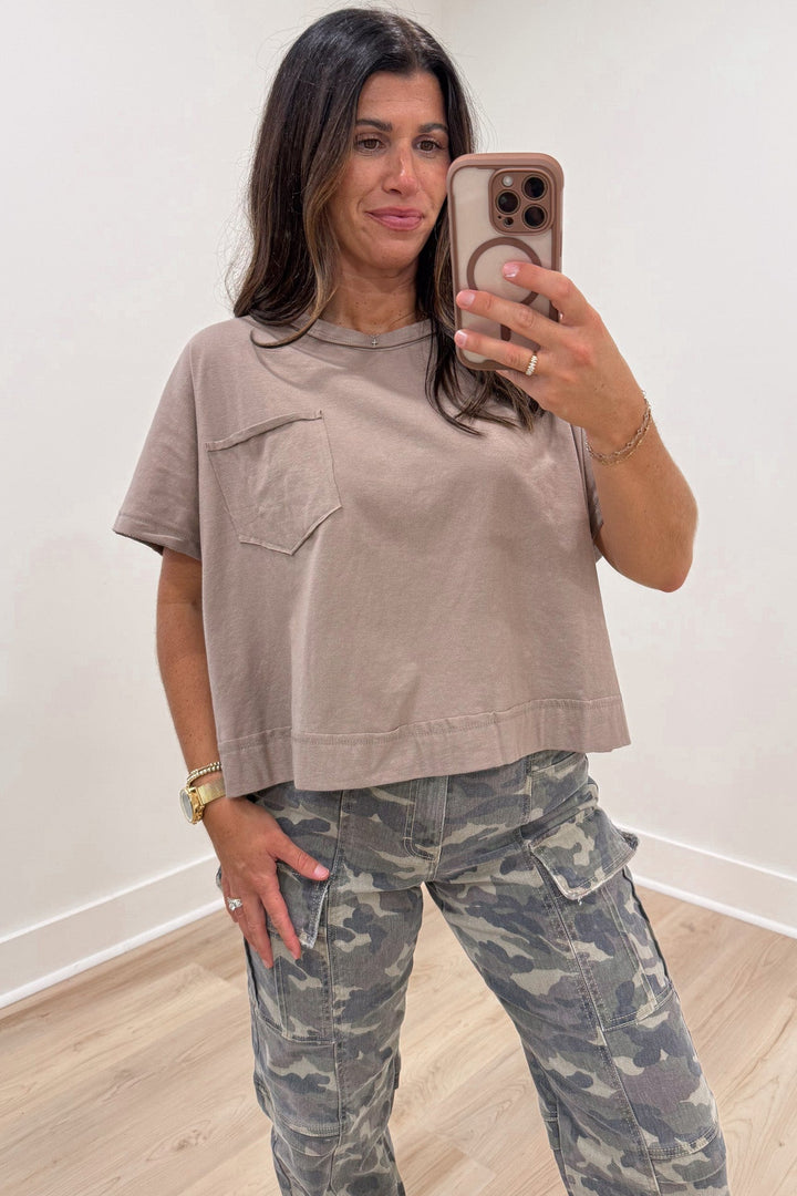 solid cocoa brown dolman sleeve crewneck semi-cropped boxy cotton top