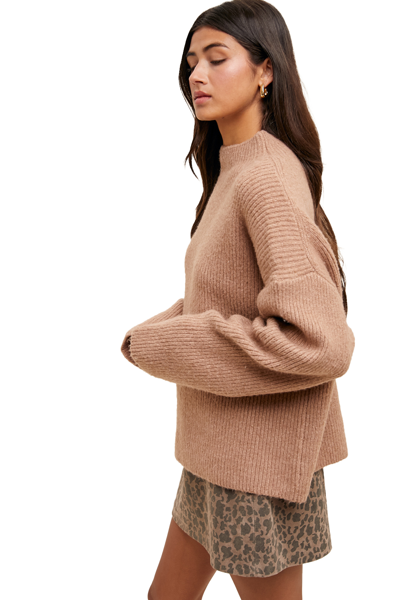 Women's cocoa brown ribbed knit sweater by Wishlist showing side view