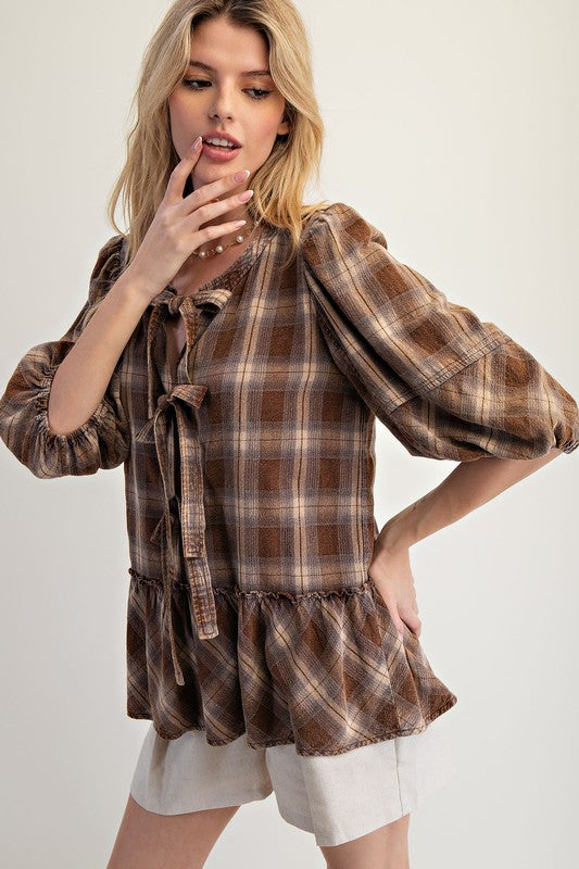 Women's coffee brown plaid linen peplum top with bow ties by Easel