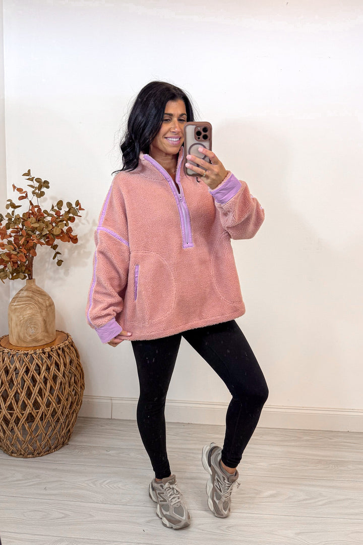 pink color block sherpa pullover