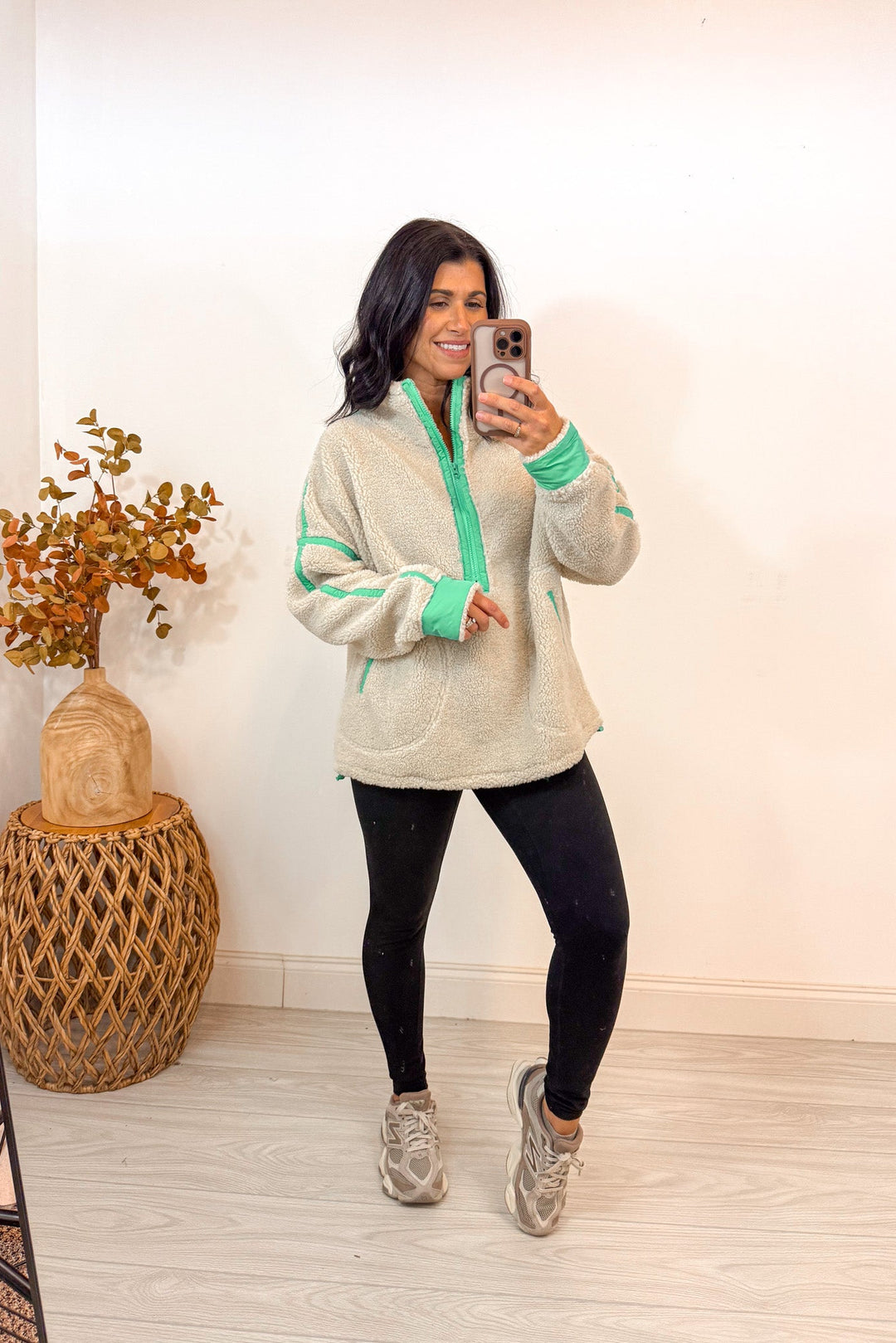 green winter color block sherpa pullover