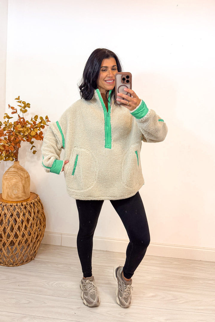 oatmeal green color block sherpa pullover