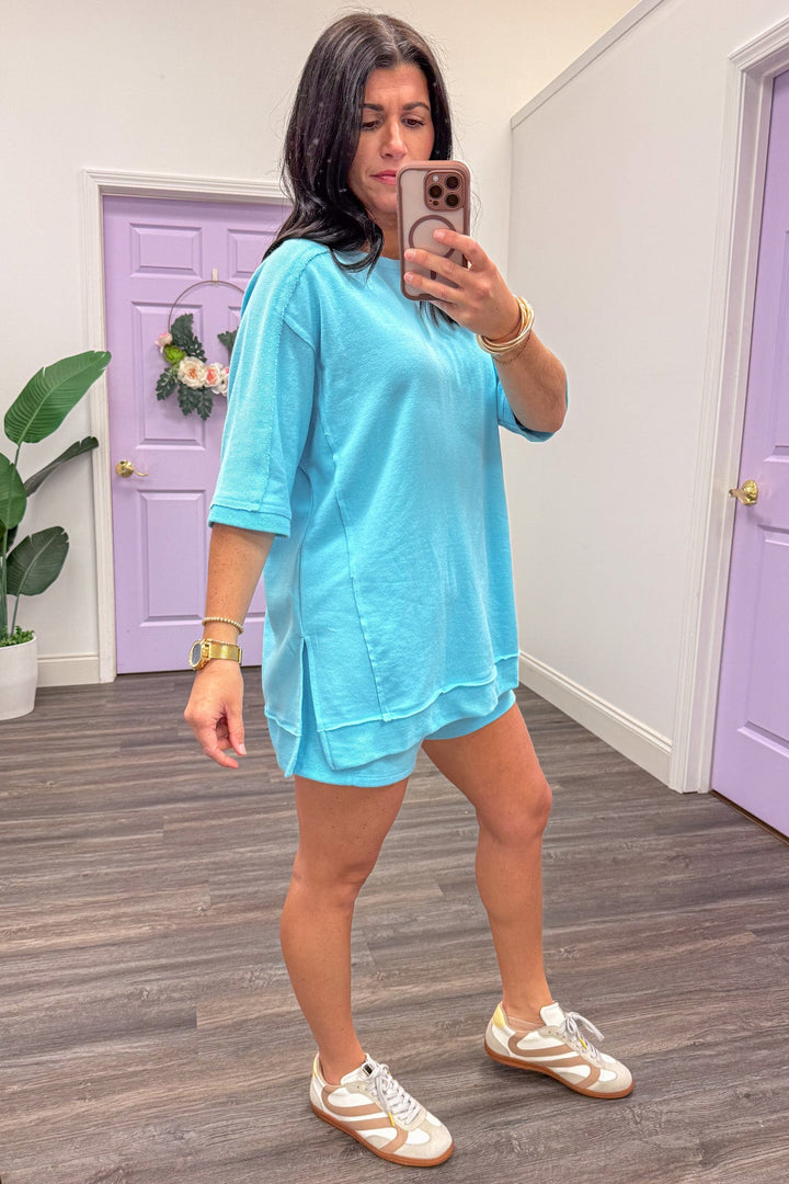 teal blue batwing sleeve athleisure lounge top