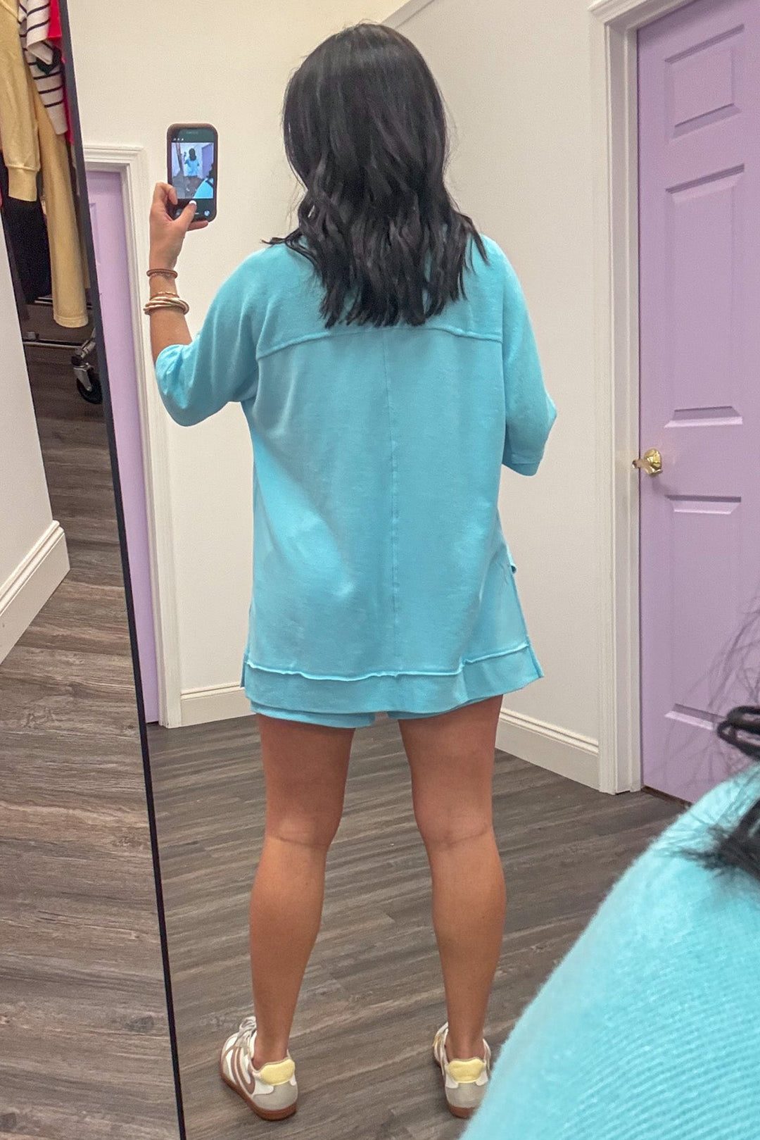 teal blue dolman sleeve athleisure lounge top back view