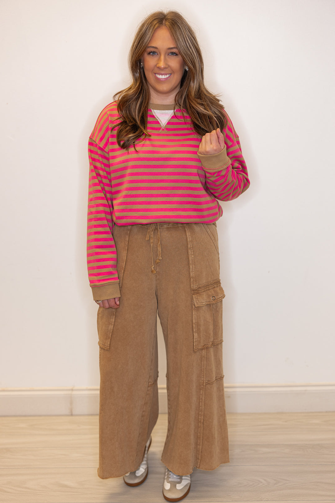 Mineral washed faded latte brown terry knit cargo pants by Easel showing full front view