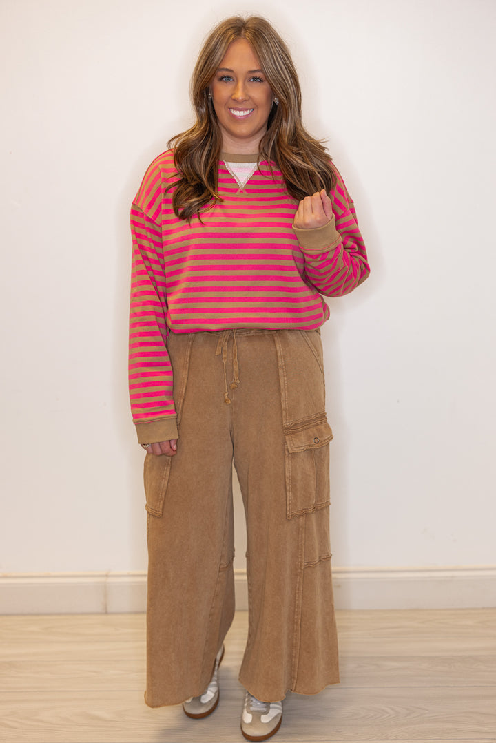 Mineral washed faded latte brown terry knit cargo pants by Easel showing full front view