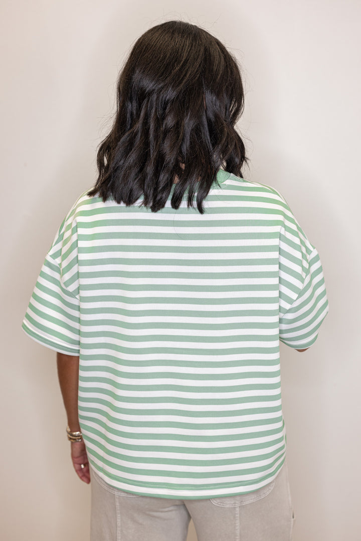 Women's mint and white striped terry knit boxy top by Wishlist showing up close back view