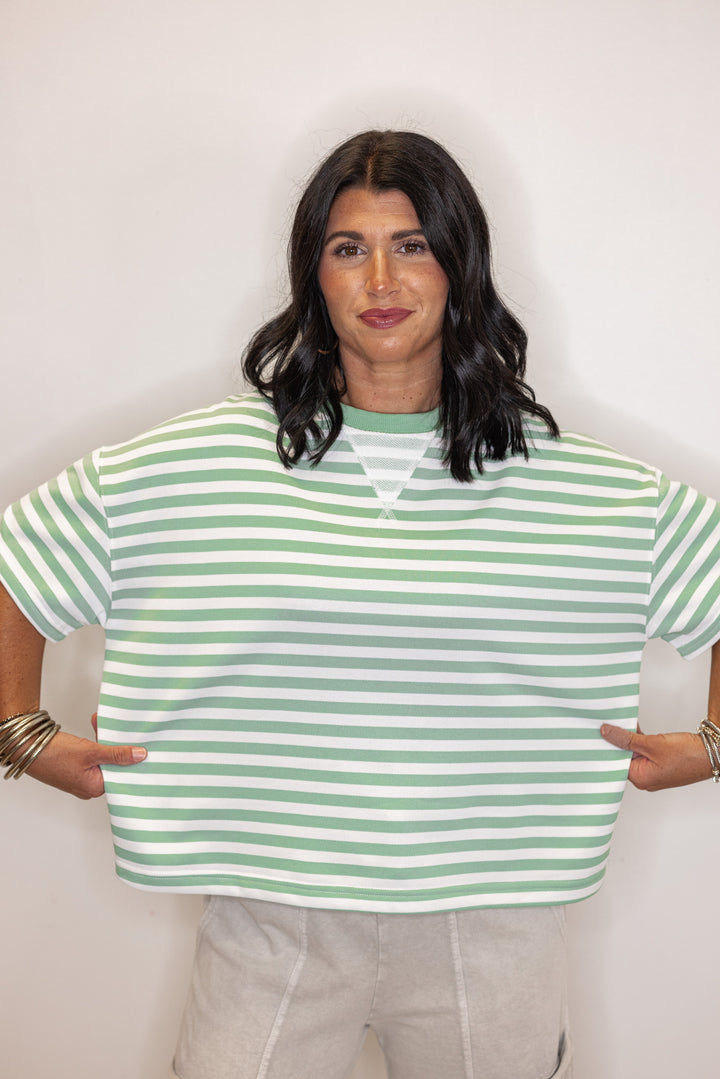 Women's mint and white striped terry knit boxy top by Wishlist showing relaxed fit