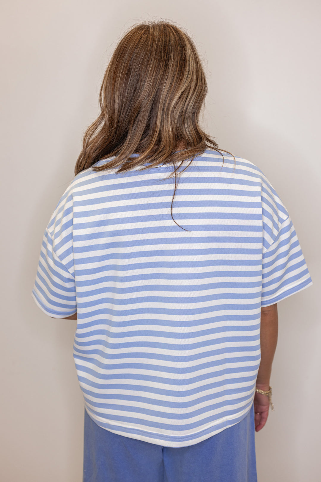 Women's sky blue and white striped terry knit boxy top by Wishlist showing up close back view
