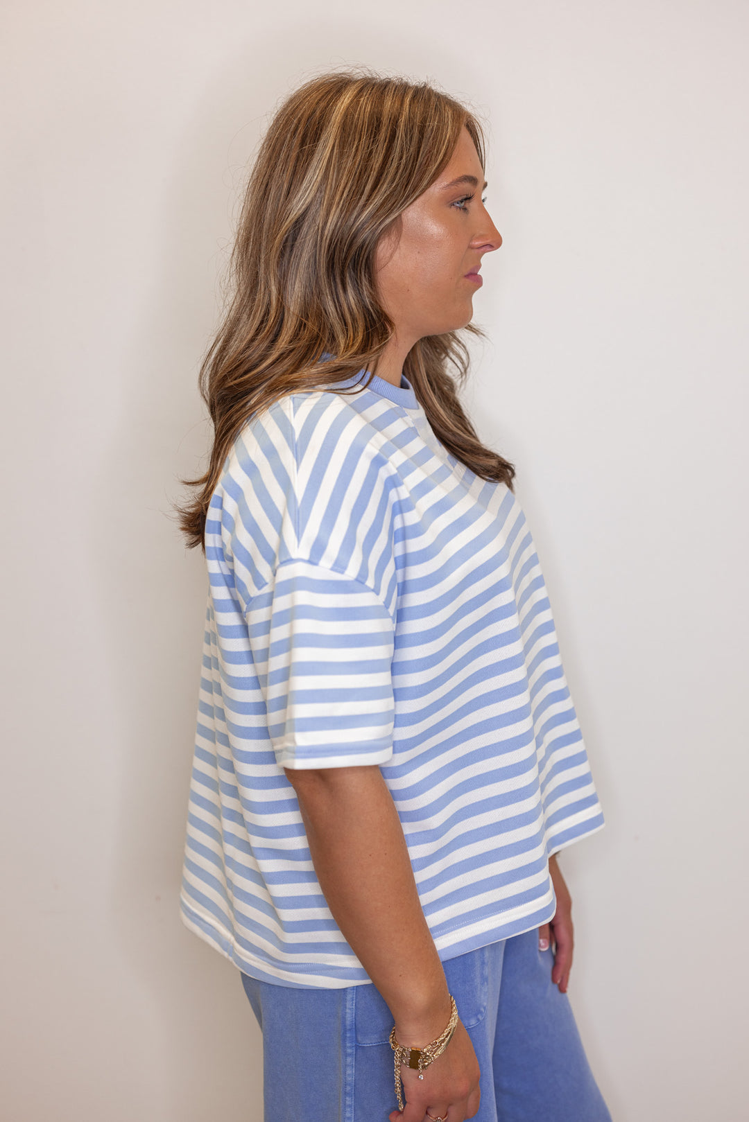 Women's sky blue and white striped terry knit boxy top by Wishlist showing up close side view