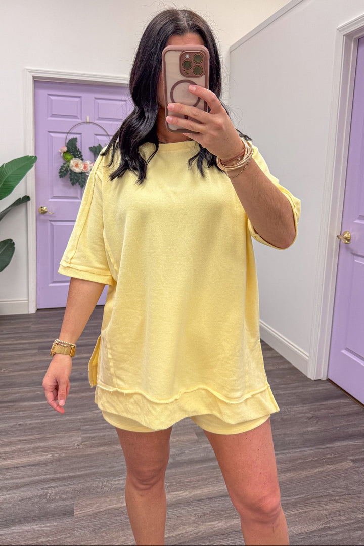 pale yellow dolman sleeve athleisure lounge top bottom band detail