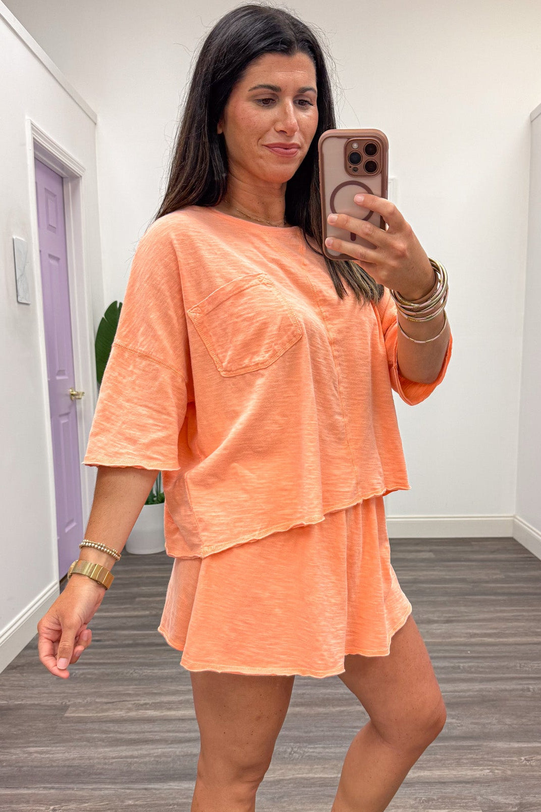 solid light coral drop shoulder short sleeve top and skort slub knit cotton matching athleisure set