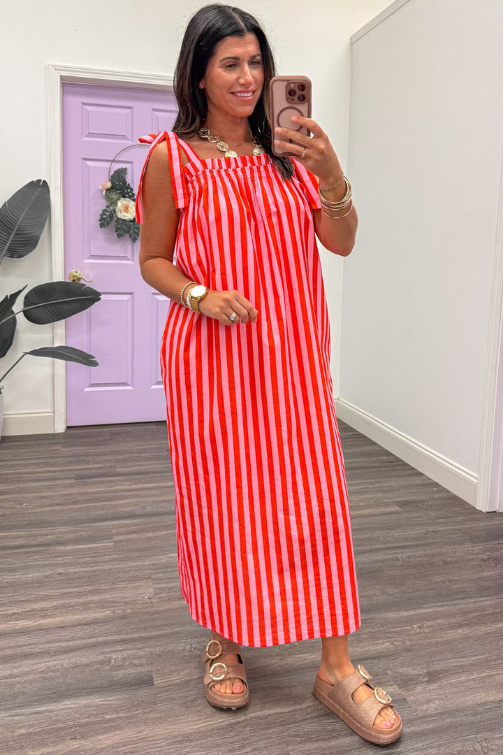 coral and pink vertical striped sleeveless bow strap midi dress