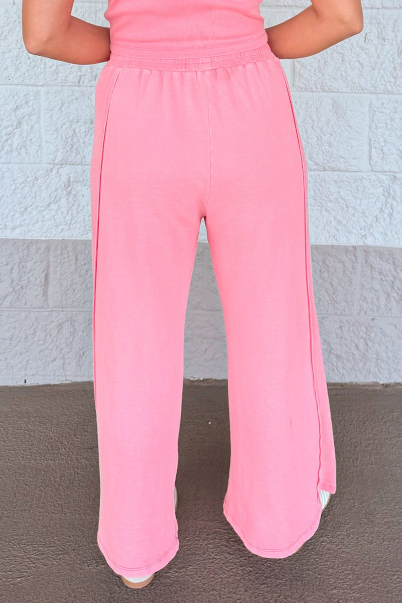 solid papaya coral tank top and elastic waist palazzo pants lightweight knit matching set
