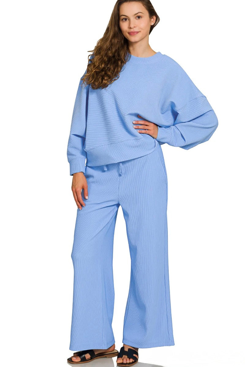 Women's cornflower blue ribbed knit wide leg pants and long sleeve top set by Zenana