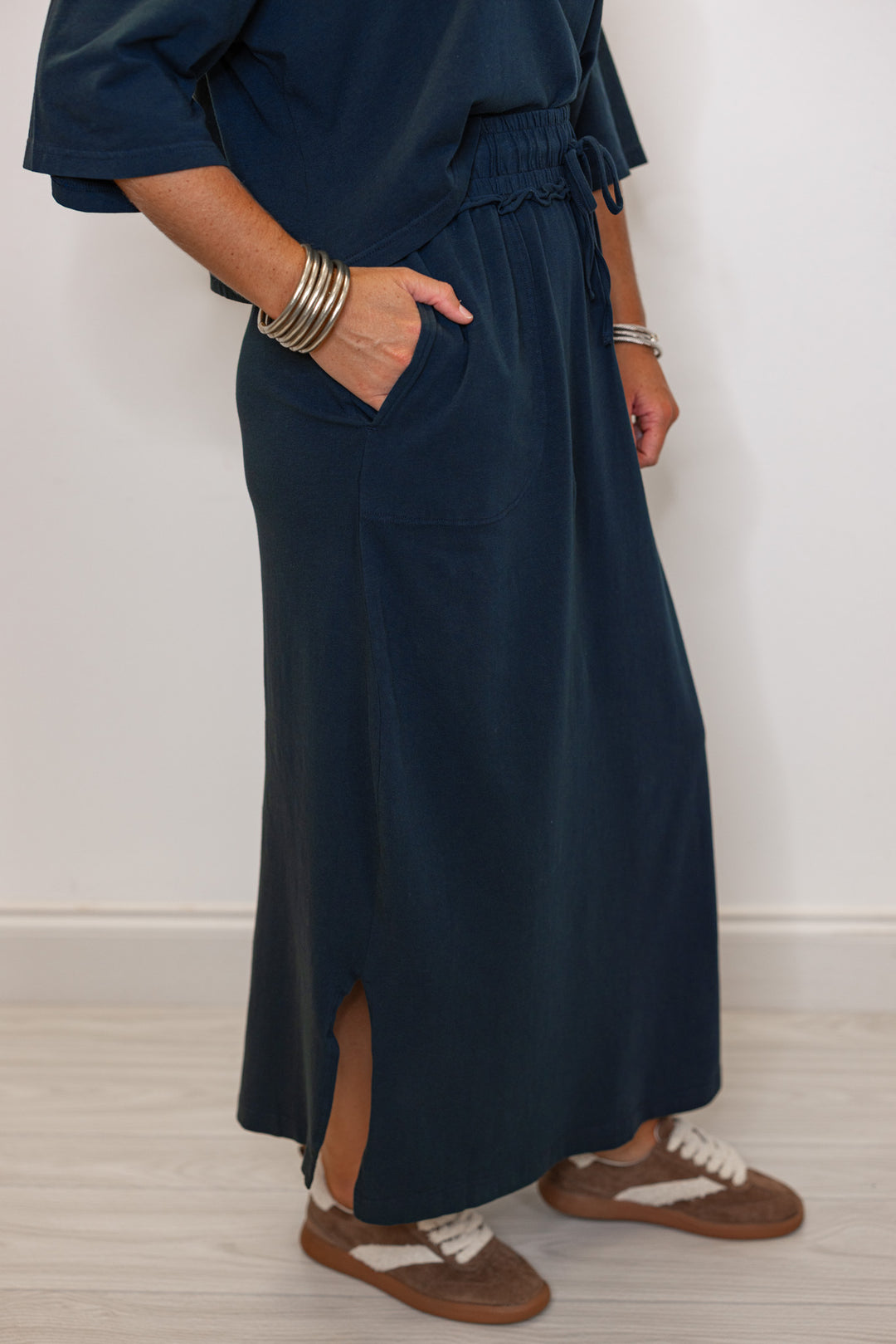 Women's navy maxi skirt with side slit