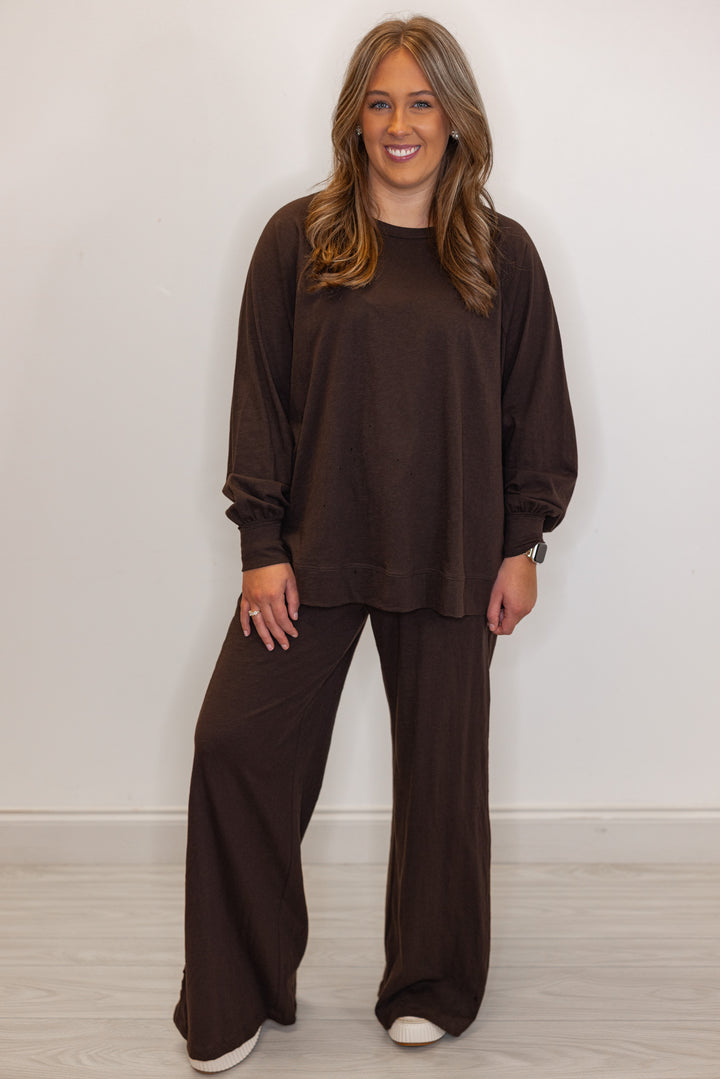 Women's brown active pants with matching crew neck top
