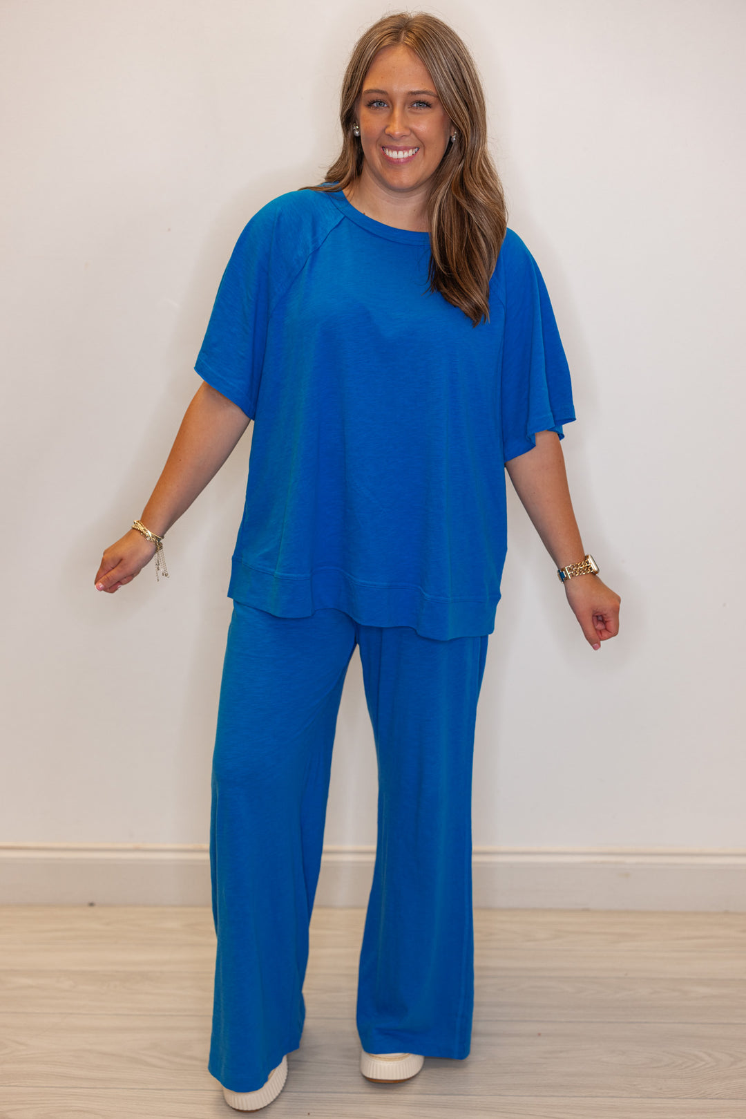 royal blue cotton slub knit wide leg lounge pants