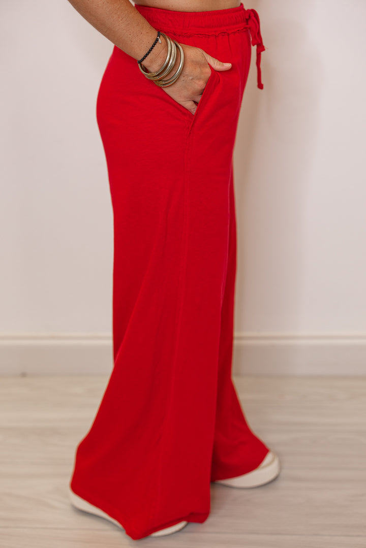 red cotton knit wide leg pants