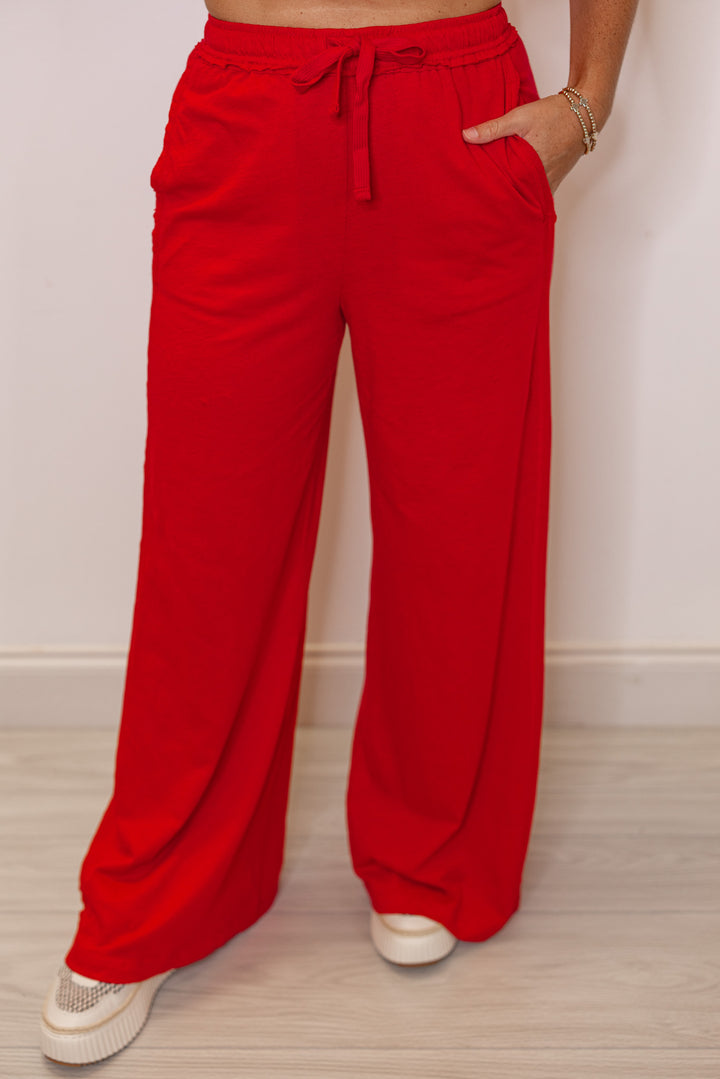 red cotton slub knit wide leg casual pants